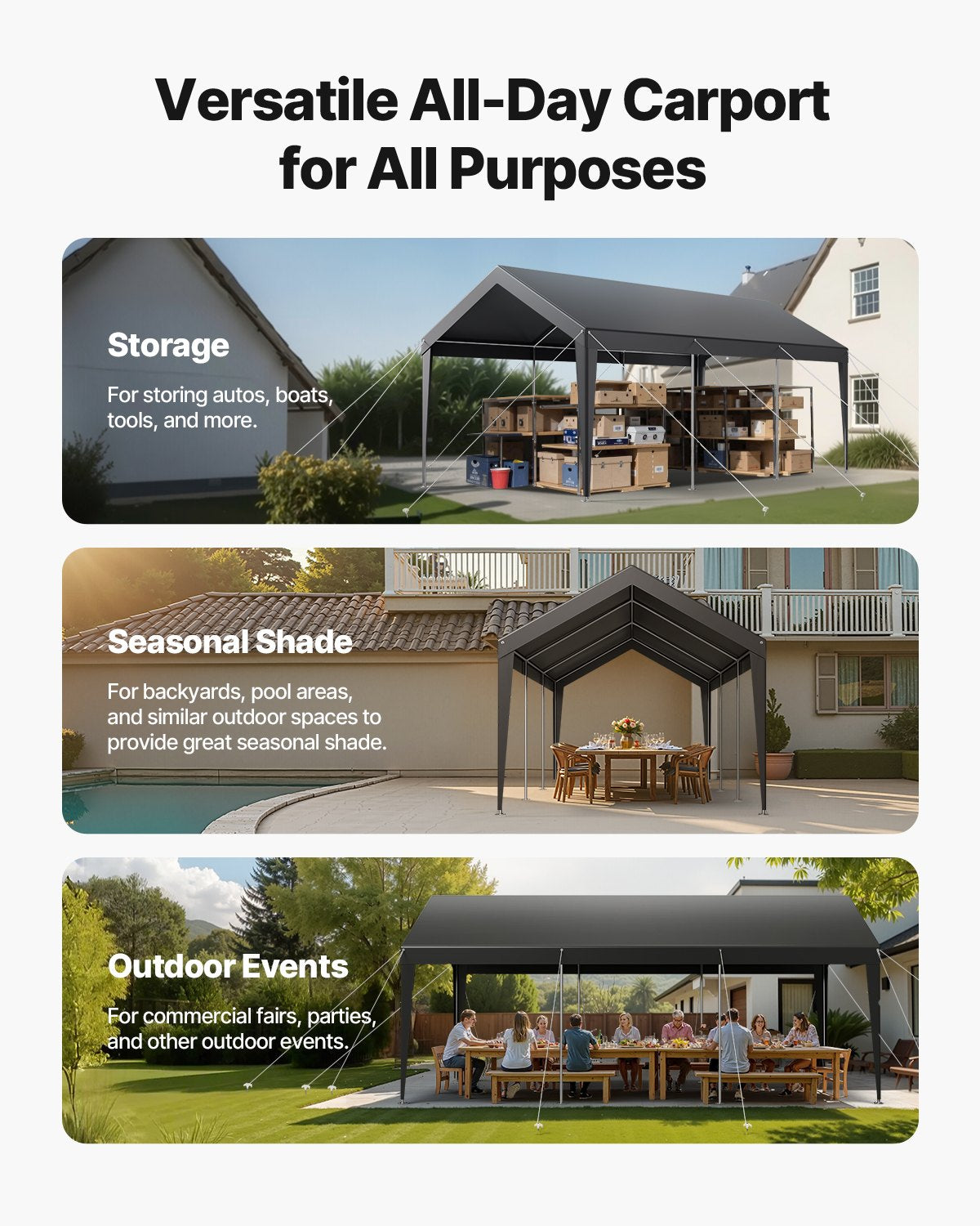 VEVOR Carport Car Canopy 10 x 20 FT Heavy Duty Portable Car Shelter Tent Grey