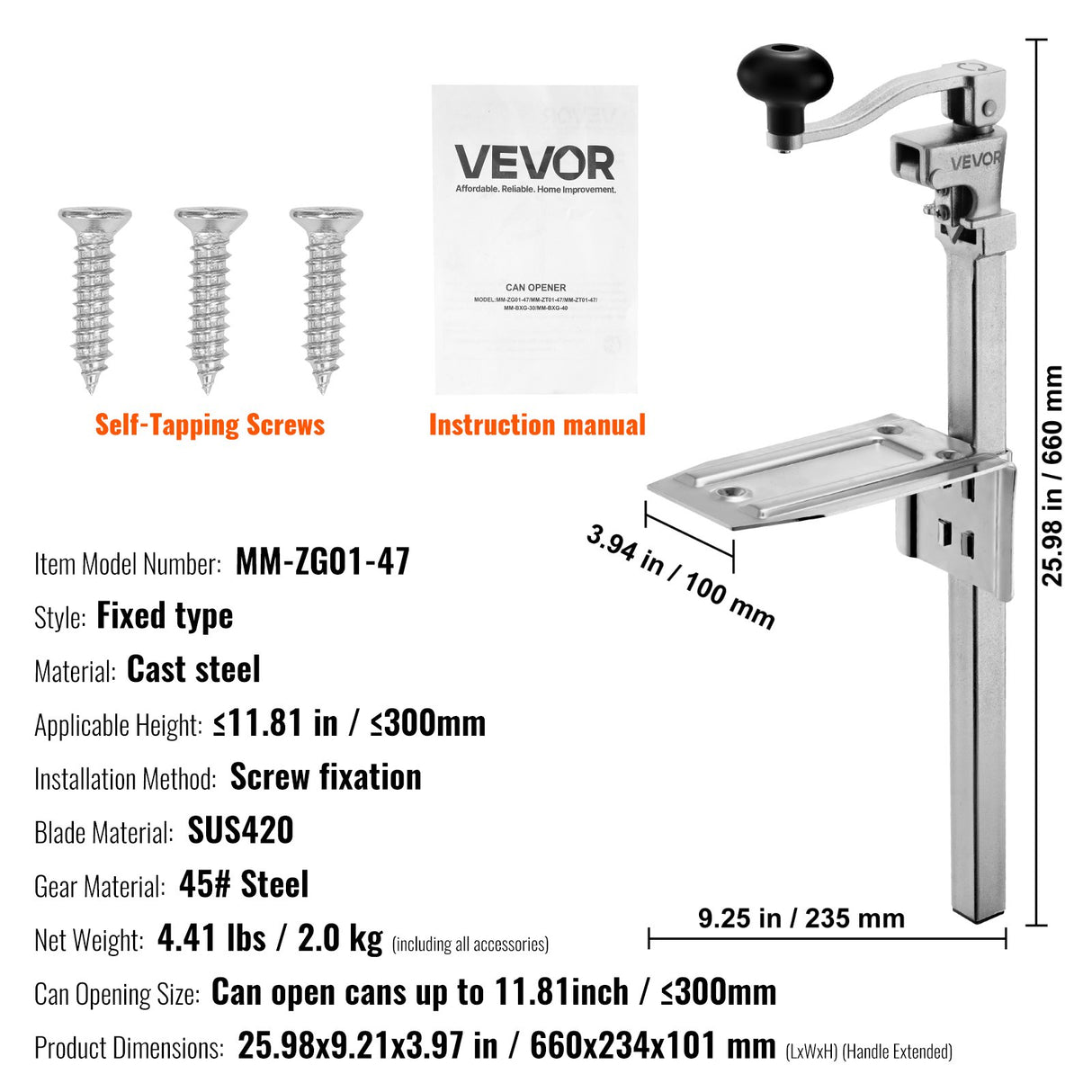 Commercial Can Opener, Heavy-Duty Manual Tabletop Cans Opener for Cans Up to 300 mm Height, Height-Adjustable Professional Can Openers Fixed with Screws, for Restaurant, Hotel, and Food Store