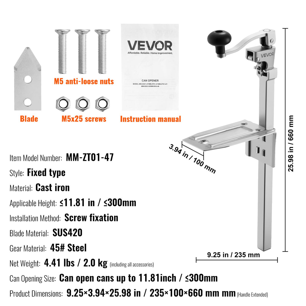 Commercial Can Opener, Heavy-Duty Manual Tabletop Cans Opener for Cans Up to 300 mm Height, Height-Adjustable Professional Can Openers with Stainless Steel Blade, for Restaurant & Food Store