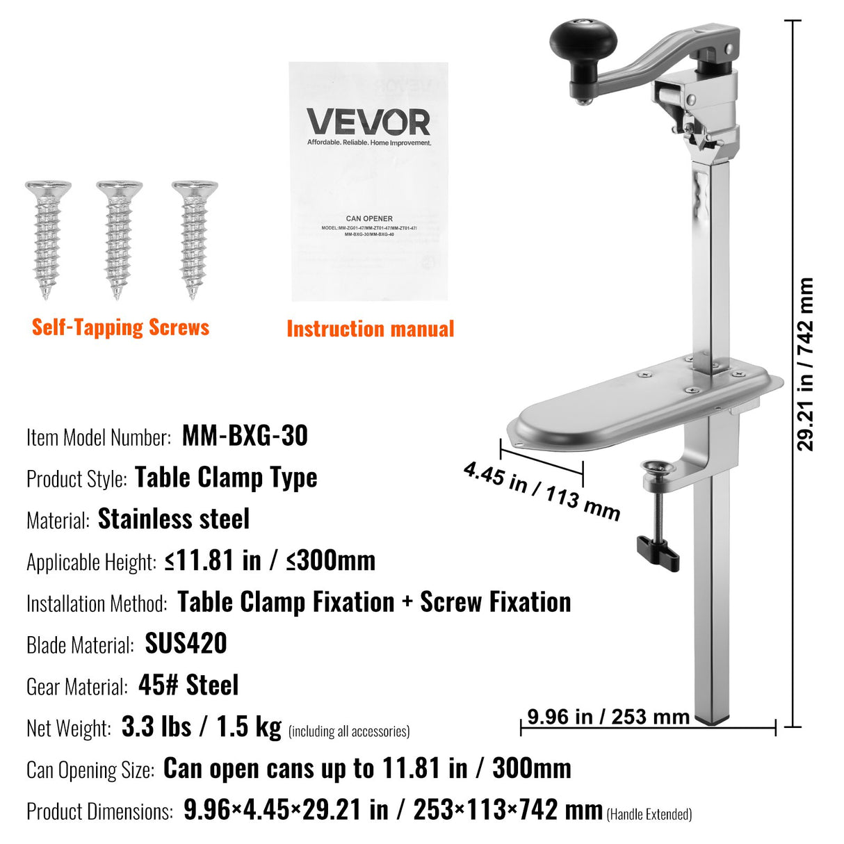 Commercial Can Opener, Heavy-Duty Manual Tabletop Cans Opener for Cans Up to 300 mm Height, Height-Adjustable Can Openers Fixed with Screws & Table Clamp, for Restaurant, Hotel, and Food Store