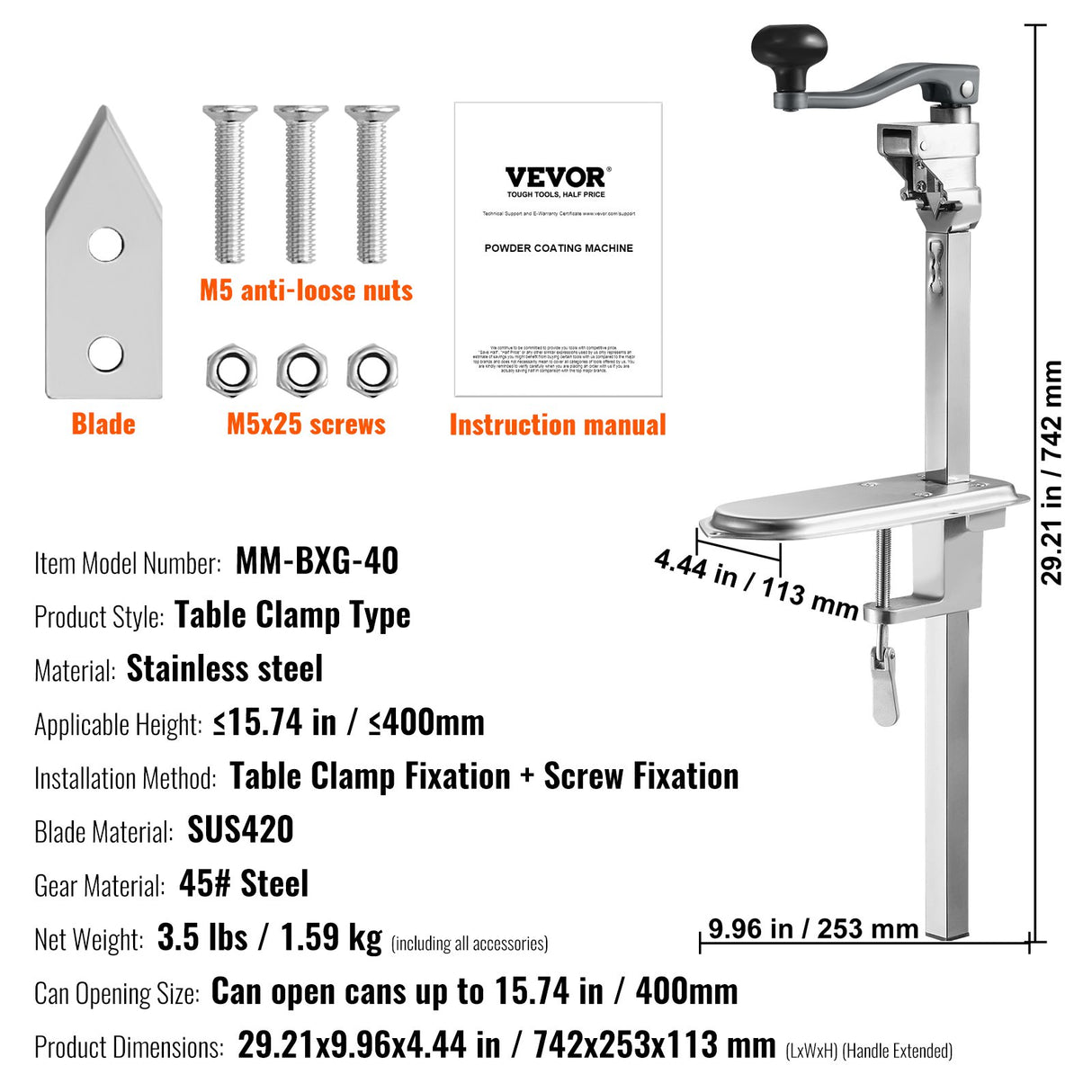 VEVOR Manual Can Opener, Commercial Table Clamp Opener for Large Cans, Heavy Duty Can Opener with Base, Adjustable Height Industrial Jar Opener For