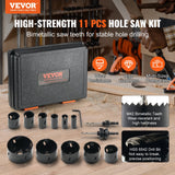 VEVOR Hole Saw Kit, 11 PCS Saw Blades, 2 Drill Bits, 1 Hex Wrench, Bi Metal M42 Hole Saw Set with Carrying Case, General Purpose Size from 3/4" to 3",