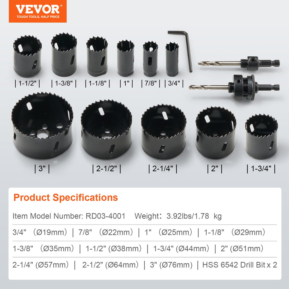 VEVOR Hole Saw Kit, 11 PCS Saw Blades, 2 Drill Bits, 1 Hex Wrench, Bi Metal M42 Hole Saw Set with Carrying Case, General Purpose Size from 3/4" to 3",