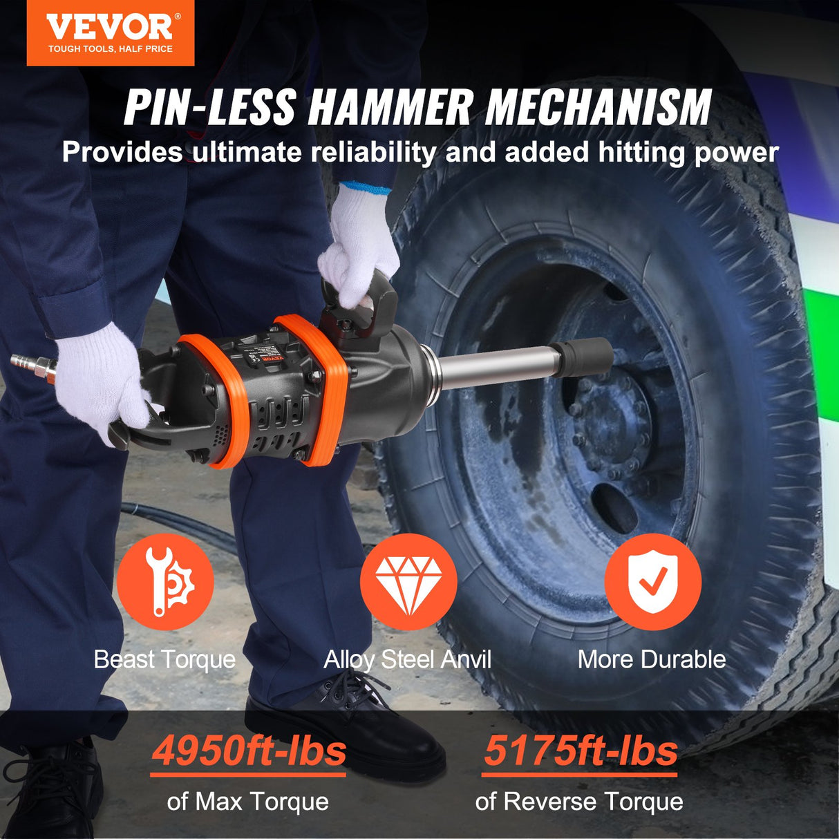 VEVOR 1 Inch Air Impact Wrench, Up to 5175 ft-lbs Beast Reverse Torque Output Pneumatic Impact Gun w/ 8 Inch Extended Anvil for Repairs_nd_aintenance