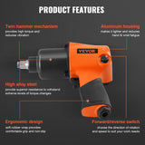 VEVOR Air Impact Wrench, 1/2" Drive Air Impact Gun Up to 880ft-lbs Nut-busting Torque, 7500RPM Lightweight Pneumatic Tool for