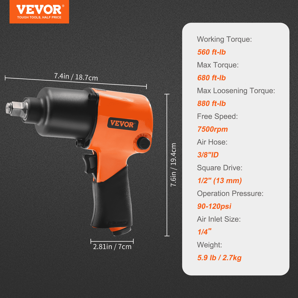 VEVOR Air Impact Wrench, 1/2" Drive Air Impact Gun Up to 880ft-lbs Nut-busting Torque, 7500RPM Lightweight Pneumatic Tool for