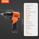VEVOR Air Impact Wrench, 1/2" Drive Air Impact Gun Up to 880ft-lbs Nut-busting Torque, 7500RPM Lightweight Pneumatic Tool for