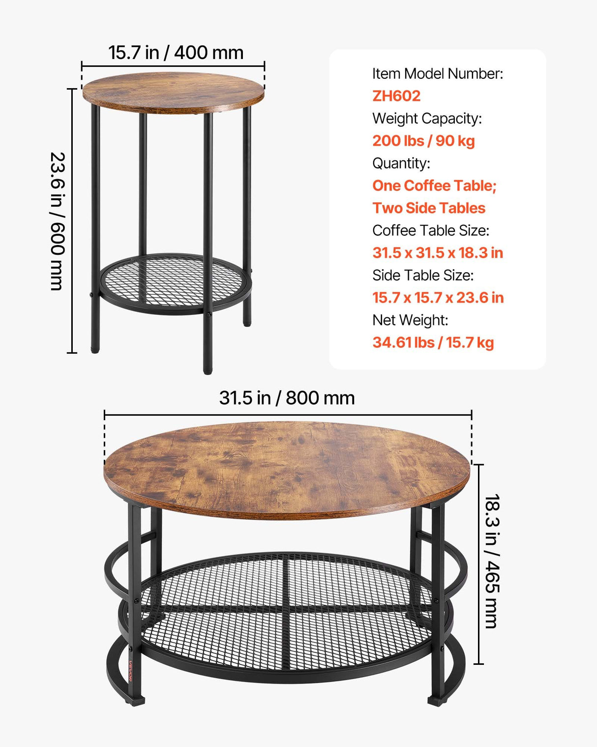 VEVOR 3 Pieces Round Coffee Table Set 80 cm with 2 End Tables for Living Room