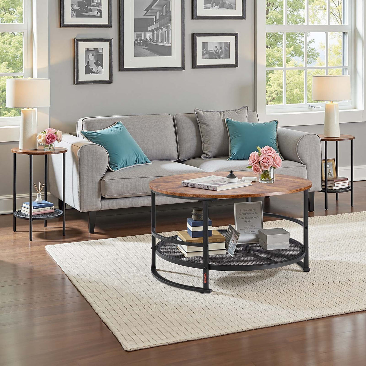 VEVOR 3 Pieces Round Coffee Table Set 80 cm with 2 End Tables for Living Room
