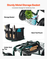 VEVOR Rolling Garden Cart with Swivel Seat Wheels Extendable Handle Storage Box