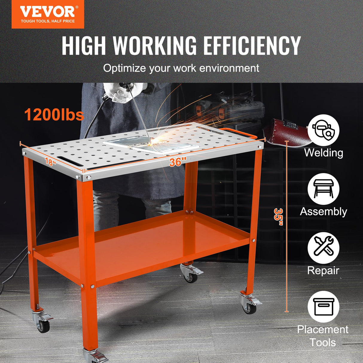 VEVOR 36" x 18" Welding Table, 1200lbs Load Capacity Steel Welding Workbench Table on Wheels, Portable Work Bench with Braking Lockable Casters, 4