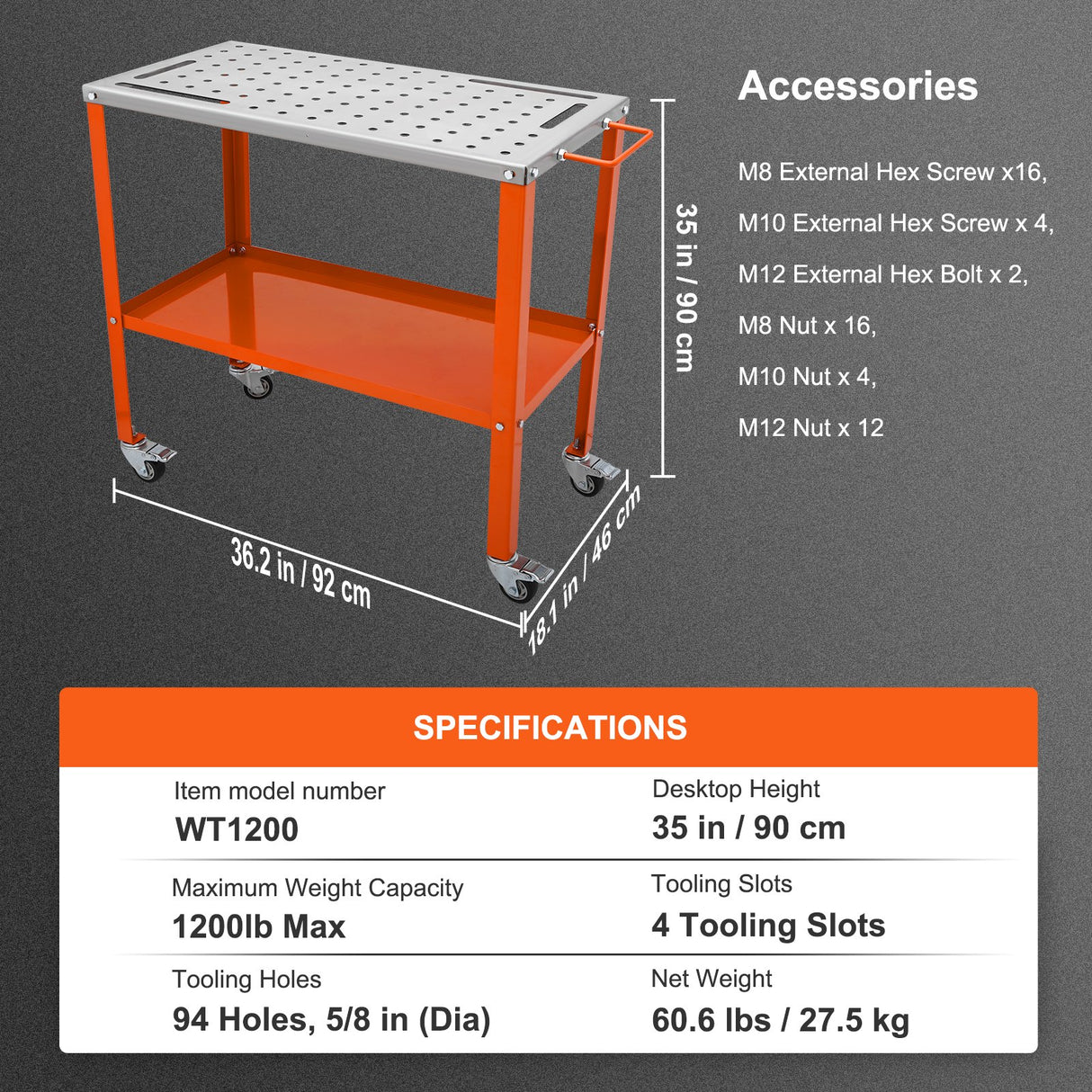 VEVOR 36" x 18" Welding Table, 1200lbs Load Capacity Steel Welding Workbench Table on Wheels, Portable Work Bench with Braking Lockable Casters, 4