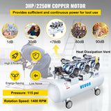 VEVOR Oil Free Air Compressor Air Compressor Tank 100L 3HP Ultra Silent Inflator - Side View