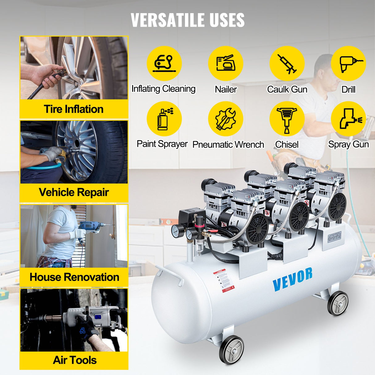 VEVOR Oil Free Air Compressor Air Compressor Tank 100L 3HP Ultra Silent Inflator