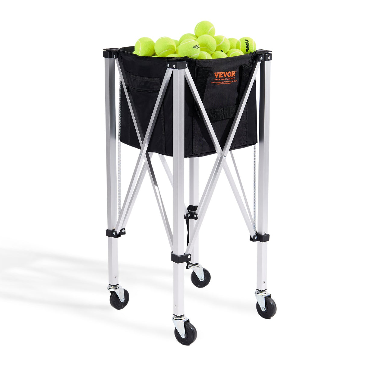 VEVOR Foldable Tennis Ball Hopper, Holds 150 Tennis Balls, Lightweight Aluminum Alloy Tennis Ball Basket Cart with Wheels, Removable Bag, Carry Bag,