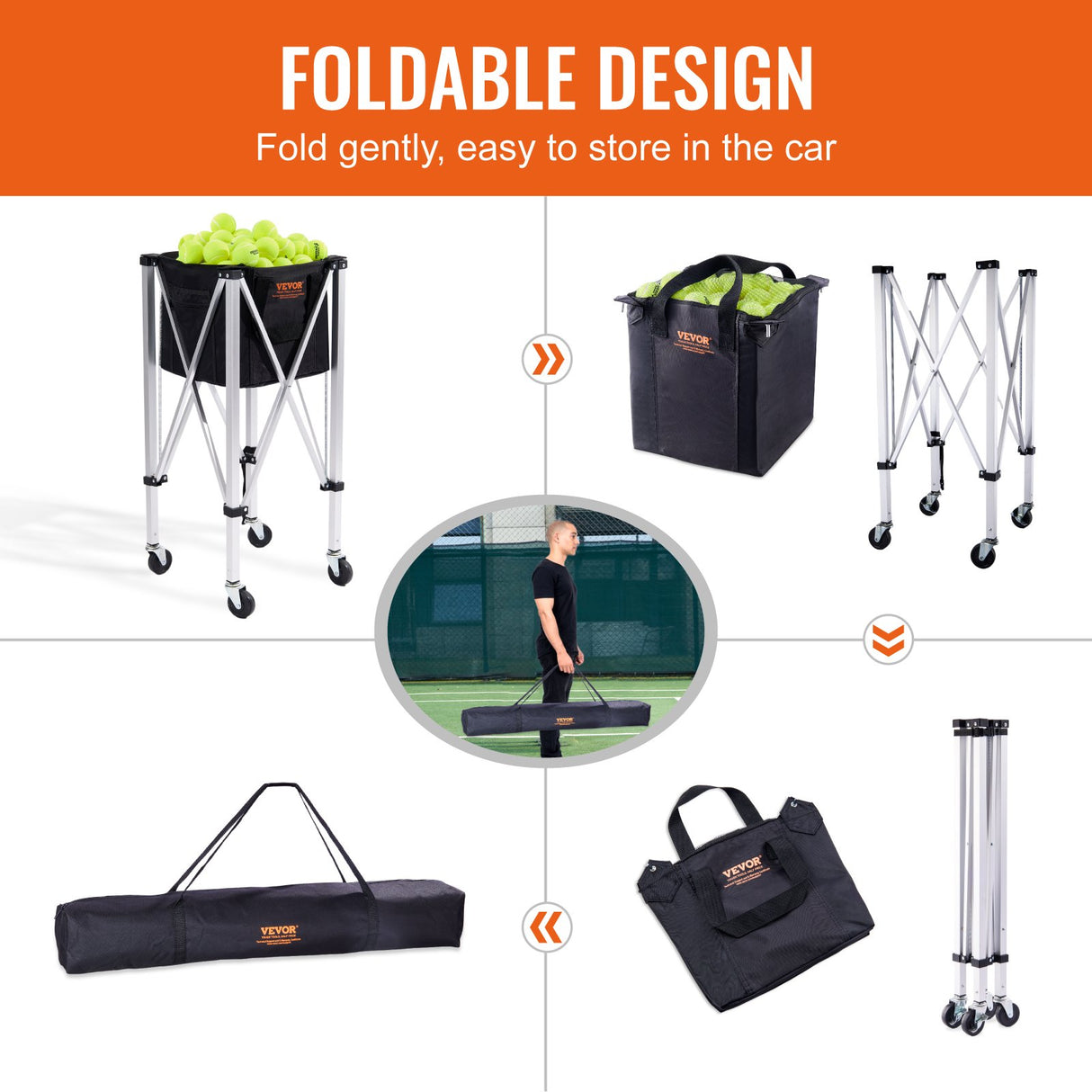 VEVOR Foldable Tennis Ball Hopper, Holds 150 Tennis Balls, Lightweight Aluminum Alloy Tennis Ball Basket Cart with Wheels, Removable Bag, Carry Bag,