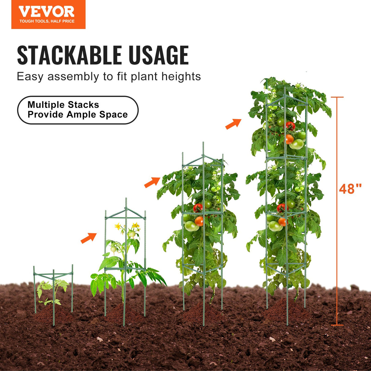 6 Packs Tomato Cages for Garden, 1230 mm Tomato Trellis Plant Stakes Support, Stackable Tall Plant Support Cage, for Raised Garden Bed, Vegetables Flowers and Climbing Plants