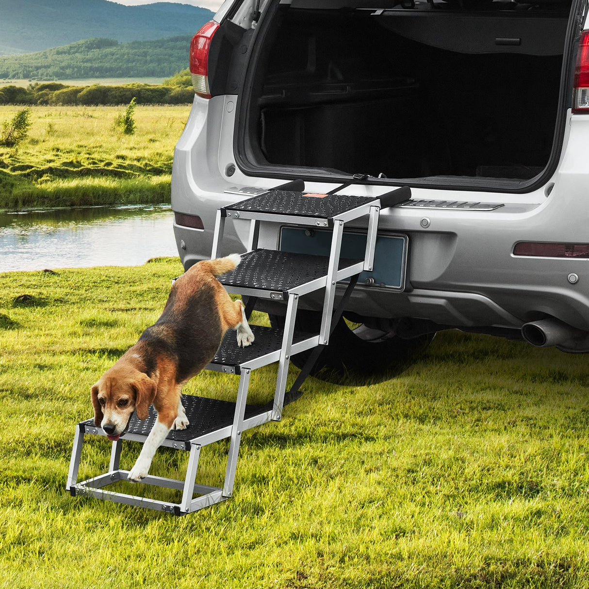 VEVOR Dog Stair for Cars 4-step Folding Dog Steps Aluminum Loads up to 150 lbs, Foldable 24-25.4 in