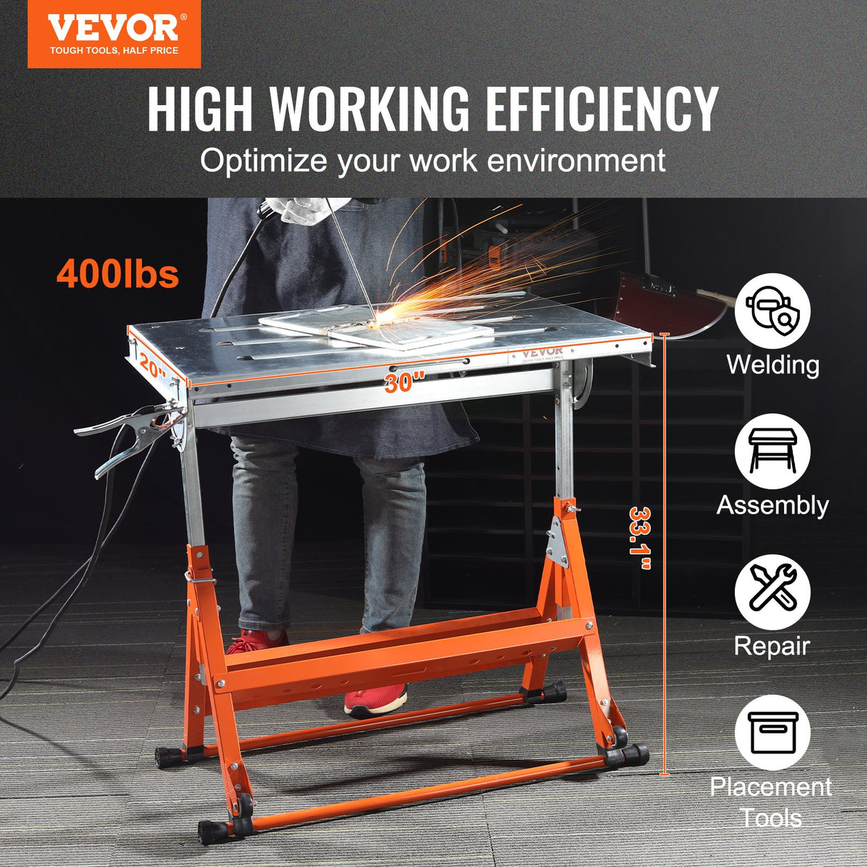 VEVOR Welding Table 30" x 20", 400lbs Load Capacity Steel Welding Workbench Table on Wheels, Folding Work Bench with Three 1.1" Slot, 3 Tilt Angles,