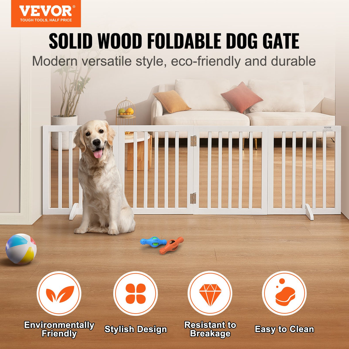 VEVOR Free Standing Dog Gate, 24" H x 80.3" W Freestanding Pet Gate, 4 Panels Foldable Dog Gate for Wide and Narrow Passageways, Expandable Dog