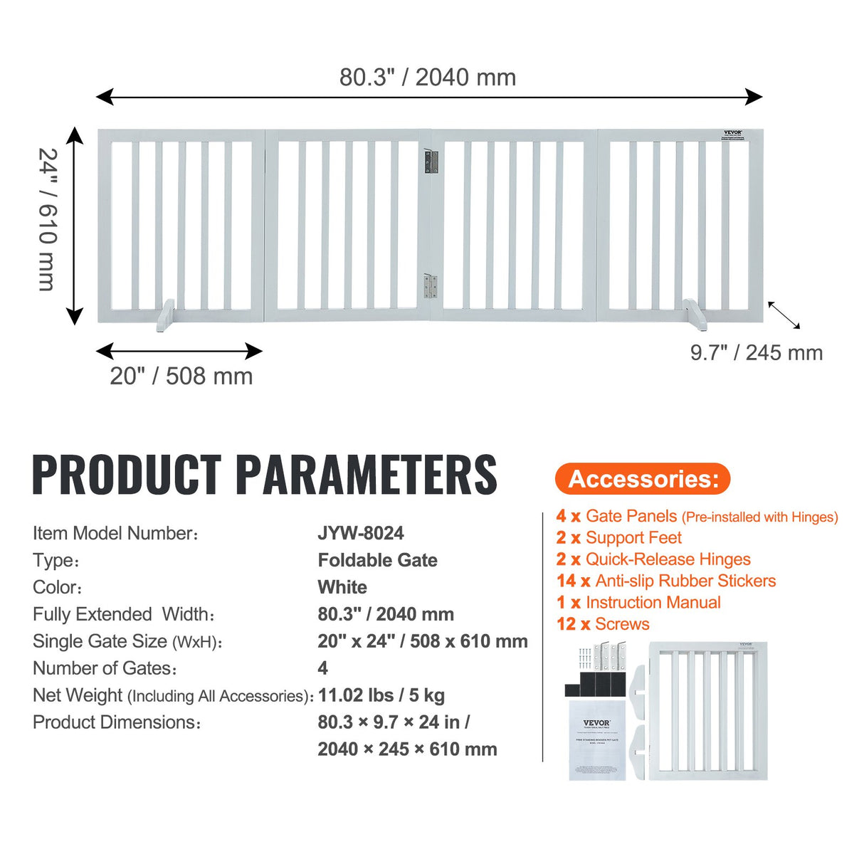 VEVOR Free Standing Dog Gate, 24" H x 80.3" W Freestanding Pet Gate, 4 Panels Foldable Dog Gate for Wide and Narrow Passageways, Expandable Dog
