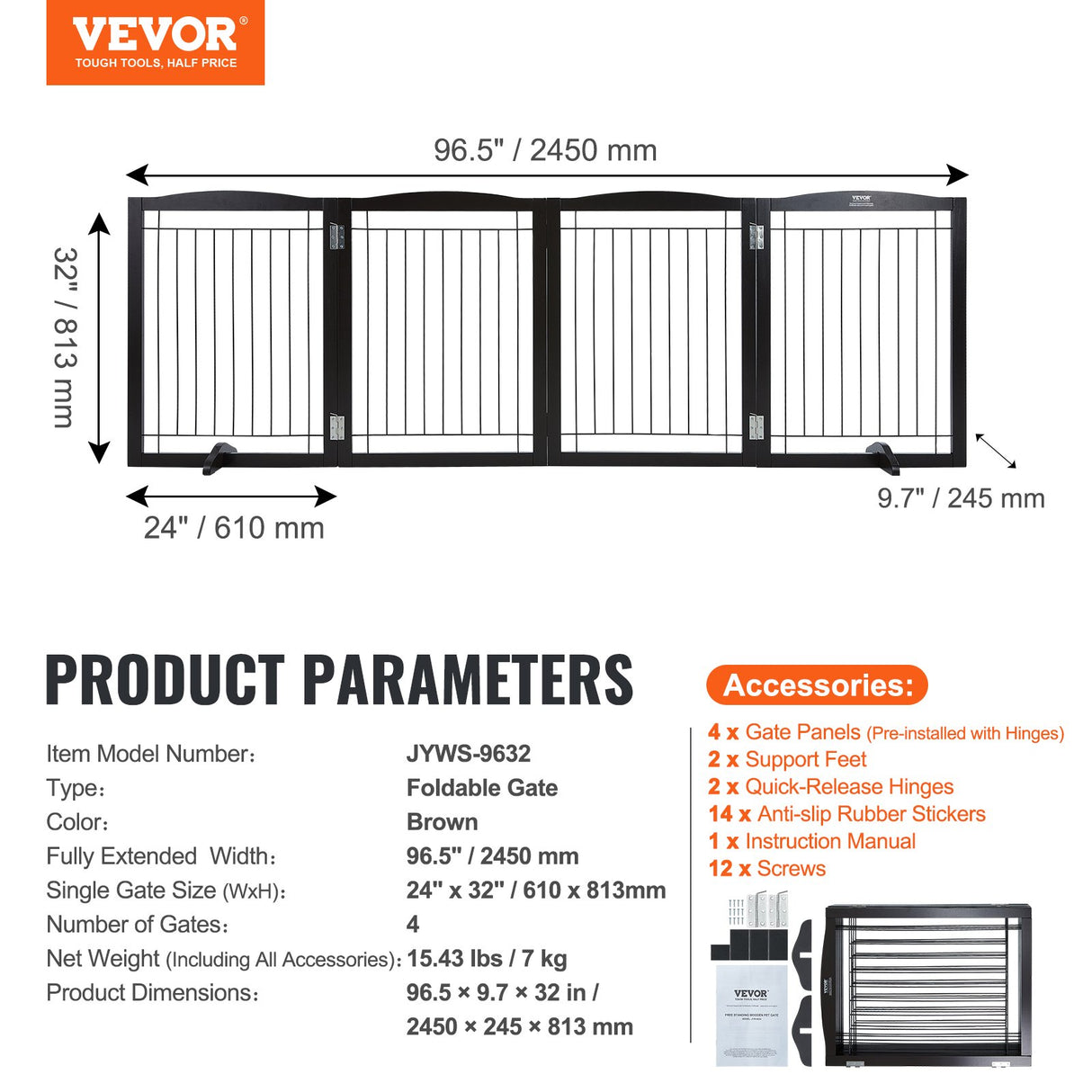 VEVOR Free Standing Dog Gate 32x96.5 inch Freestanding Pet Gate Foldable Brown