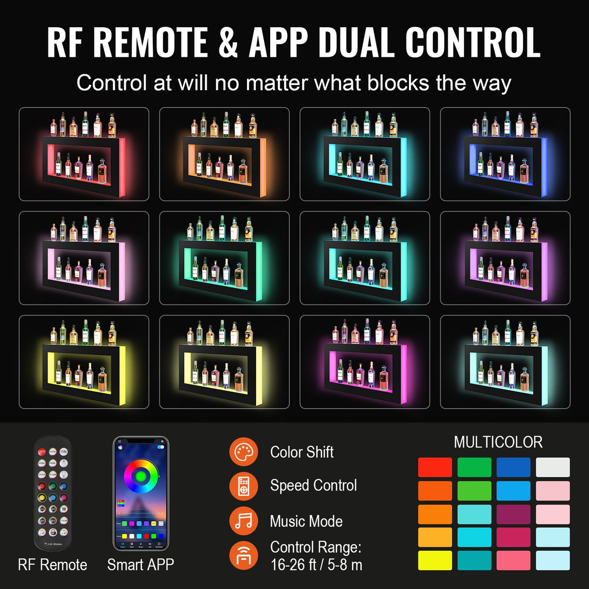 VEVOR LED Lighted Liquor Bottle Display Bar Shelf RF & App Control 1210 mm