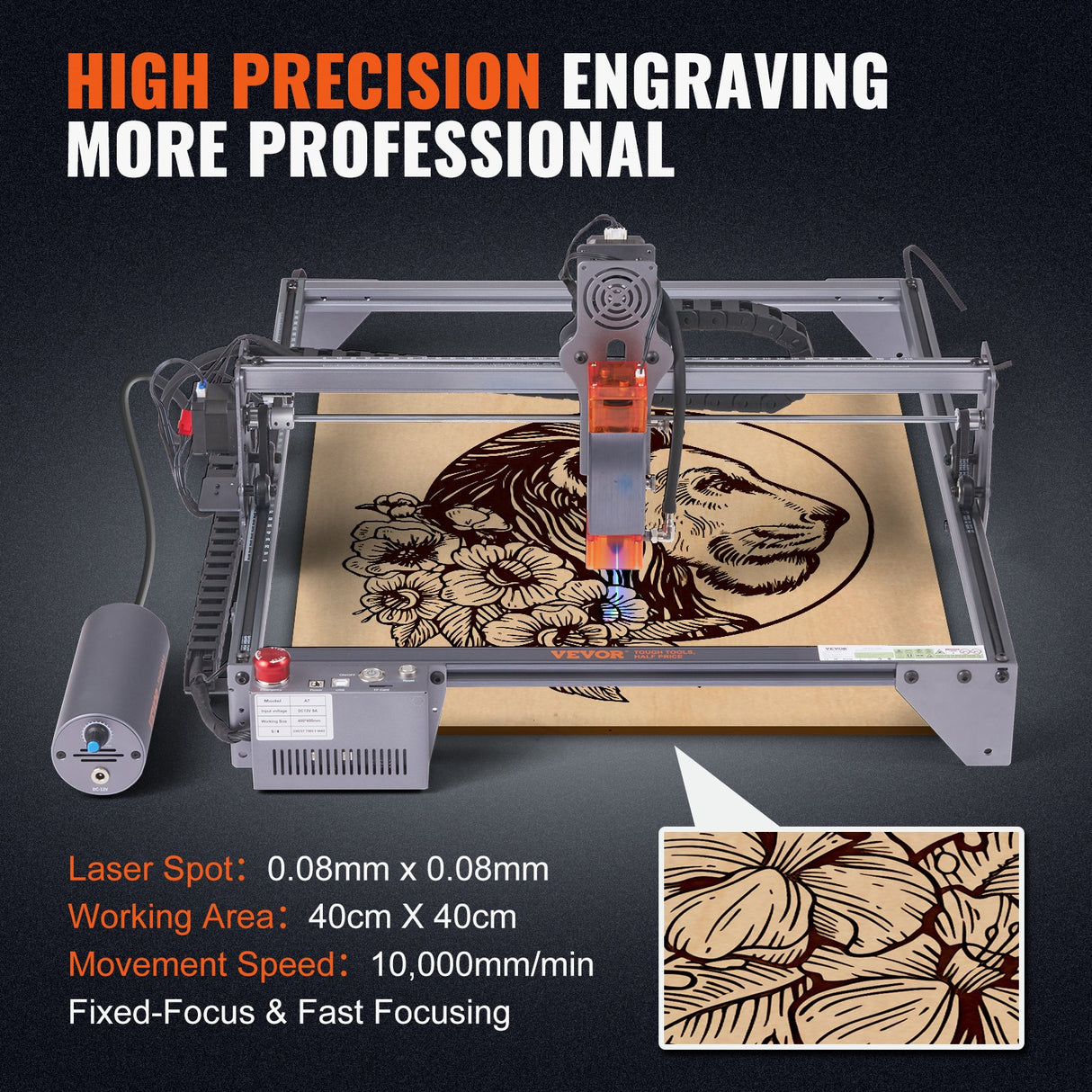 VEVOR Laser Engraver, 10W Output Laser Engraving Machine, 15.7" x 15.7" Large Working Area, 10000mm/min Movement Speed, Compressed Spot with Rotary