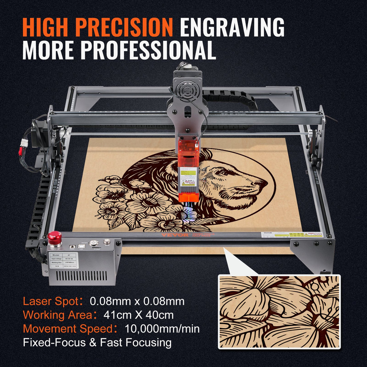 VEVOR Laser Engraver, 5W Output Laser Engraving Machine, 16.1" x 15.7" Large Working Area, 10000mm/min Movement Speed, Compressed Spot with Eye