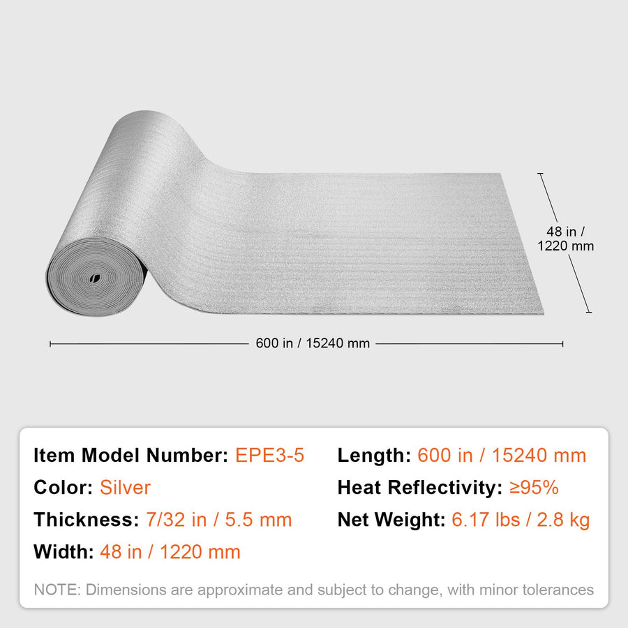 Double Reflective Insulation Roll, Foam Core Radiant Barrier, 5.5mm 48 in x 50 ft, Double-Sided Aluminum Foil EPE Foam Heat Reflective Shield, Thermal Insulation Roll for Window RV Roof