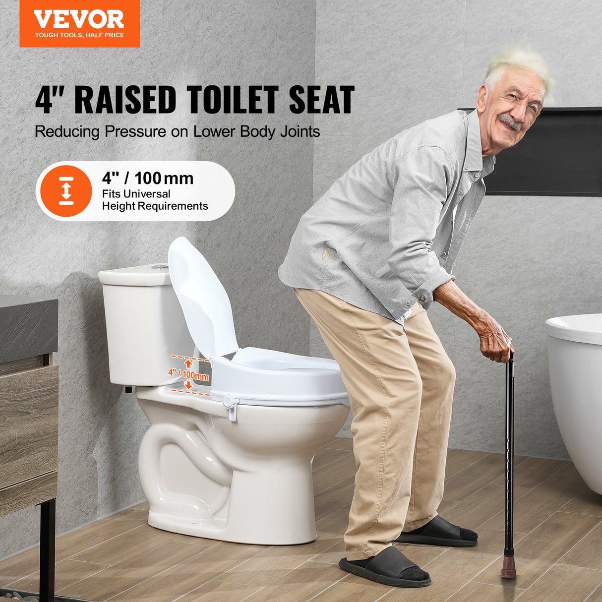 VEVOR Raised Toilet Seat, 100 mm Height Raised, 136 kg Weight Capacity, Universal Toilet Seat Riser, Screw Rod Locking, with Toilet Seat, for Elderly, Handicap, Patient, Pregnant, Medical
