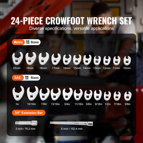 3/8" Drive Crowfoot Wrench Set with 2 Extension Bars, 24-Piece Crows Foot Wrench Set, SAE 3/8"-1" and Metric, image 2