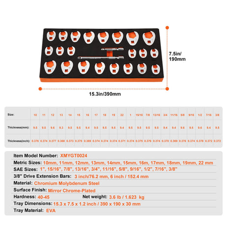 3/8" Drive Crowfoot Wrench Set with 2 Extension Bars, 24-Piece Crows Foot Wrench Set, SAE 3/8"-1" and Metric, image 7