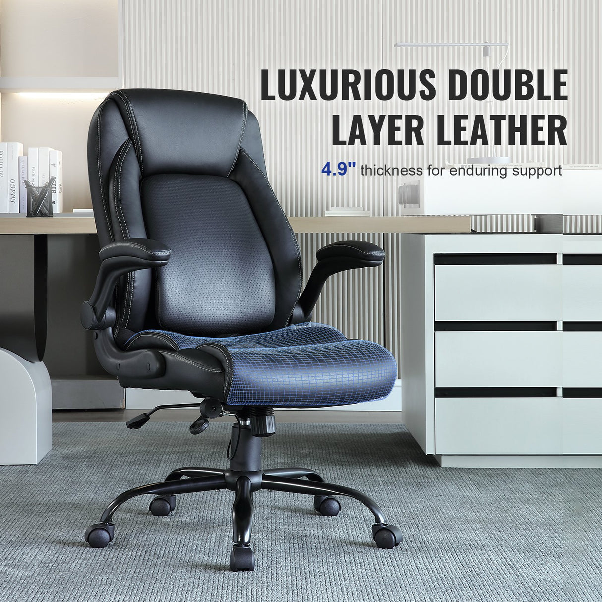 VEVOR Executive Office Chair with Cutting-edge Adjustable Lumbar Support, High Back PU Leather Office Chair Ergonomic for Back Pain, with Padded Flip-