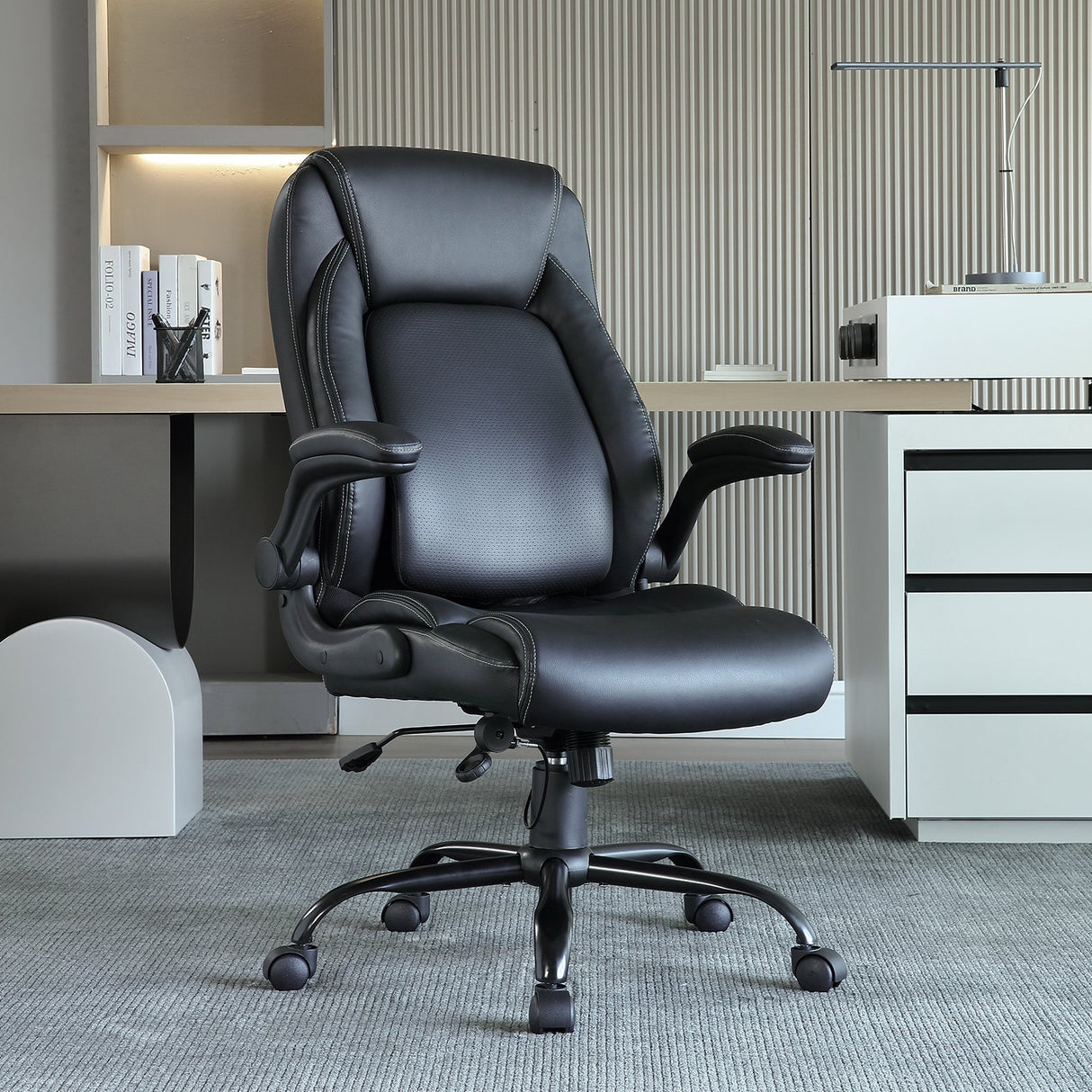 VEVOR Executive Office Chair with Cutting-edge Adjustable Lumbar Support High Back PU Leather Office Chair Ergonomic for Back Pain with Padded Flip-up Arms