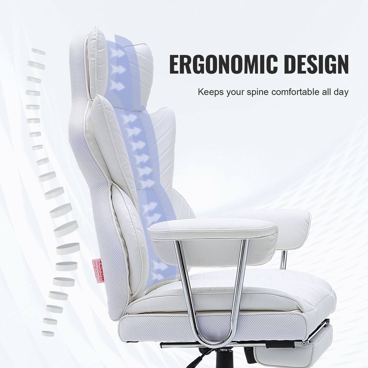 VEVOR Reclining Office Chair with Footrest Heavy Duty PU Leather Wide Office Chair Big and Tall Executive Office Chairs with Lumbar Support Strong Metal Base Quiet Wheels White