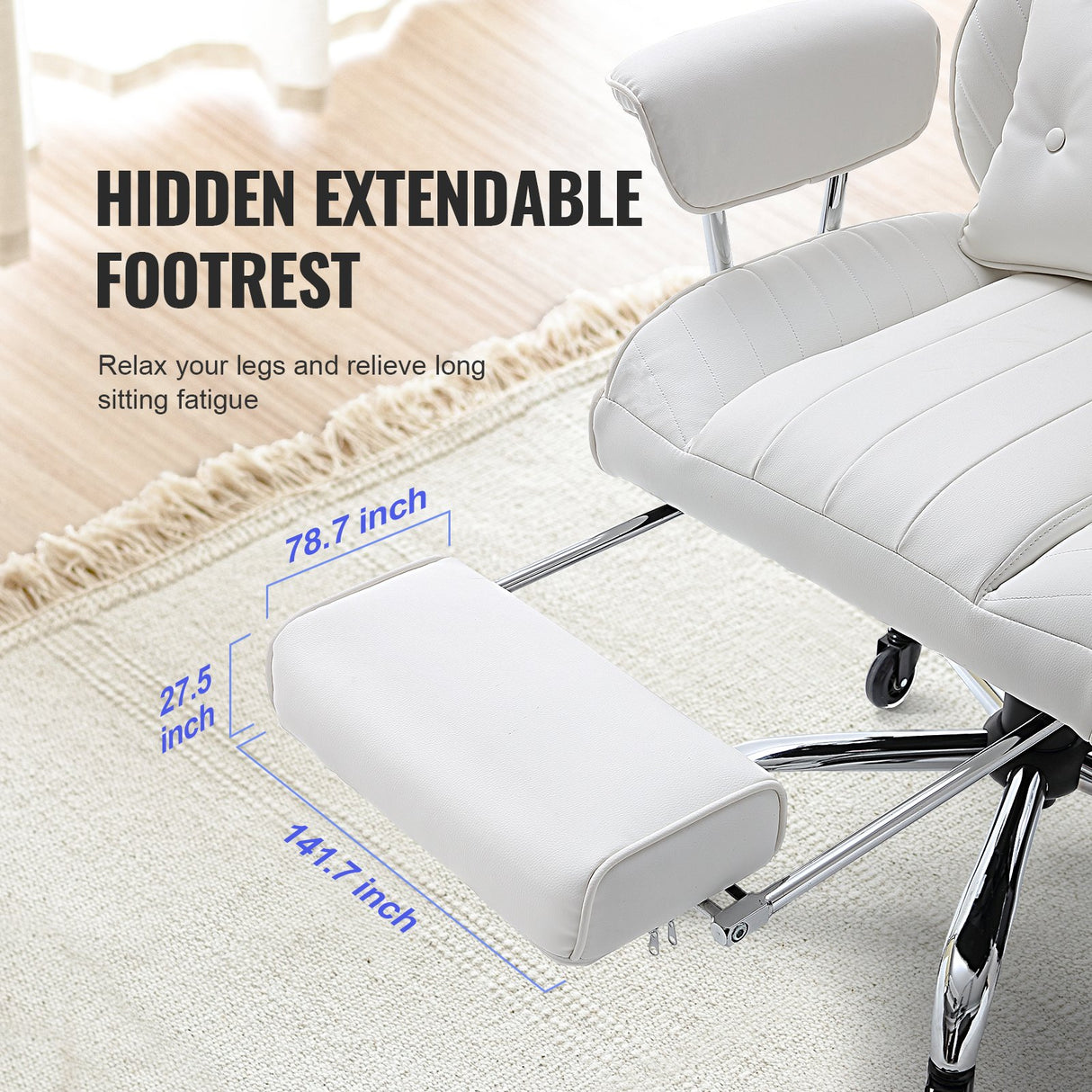 VEVOR Reclining Office Chair with Footrest Heavy Duty PU Leather Wide Office Chair Big and Tall Executive Office Chairs with Lumbar Support Strong Metal Base Quiet Wheels White