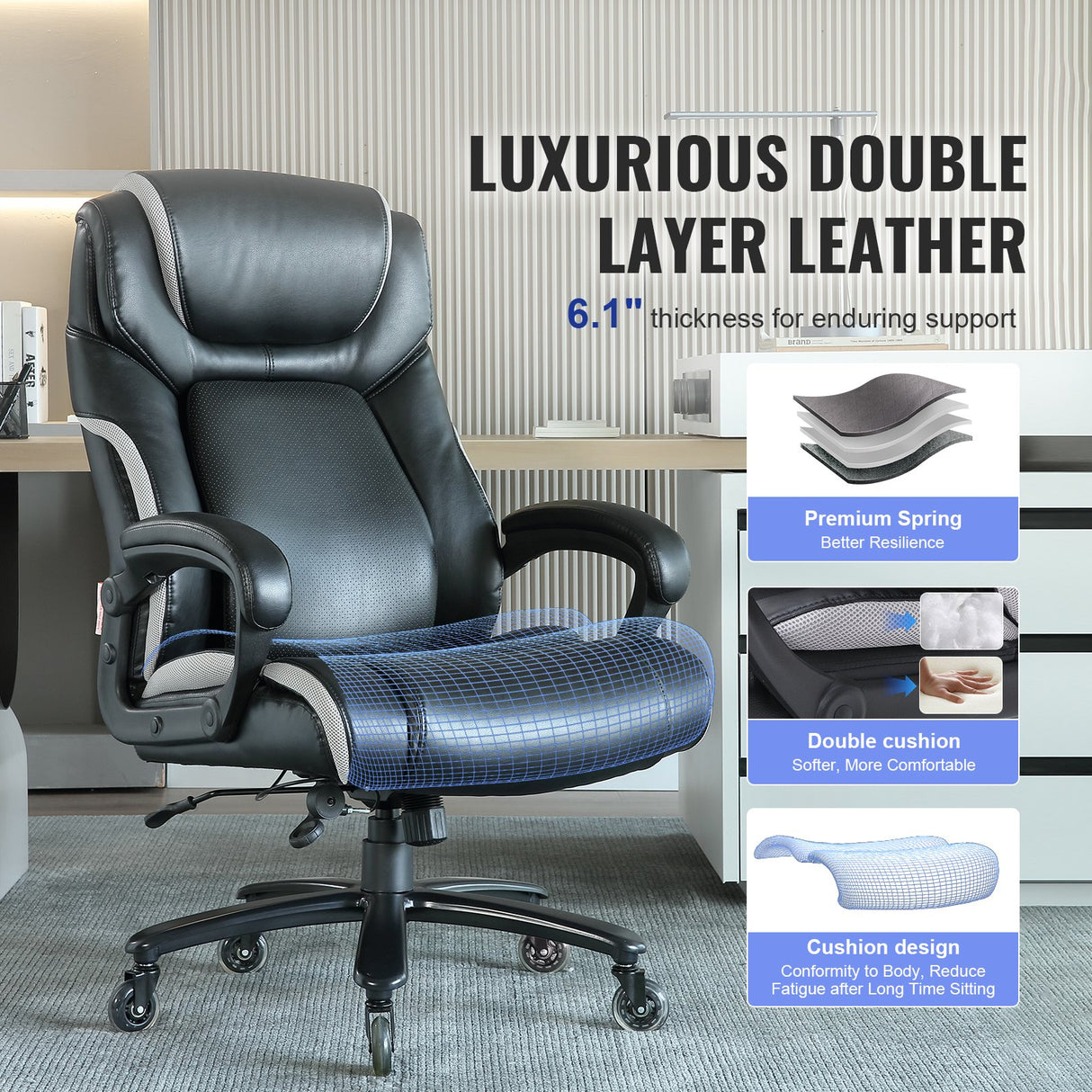 VEVOR Heavy Duty Executive Office Chair with Cutting-edge Adjustable Lumbar Support for Long Hours Big and Tall 400lbs Office Chair Wide Thick Padded Strong Metal Base Quiet Wheels