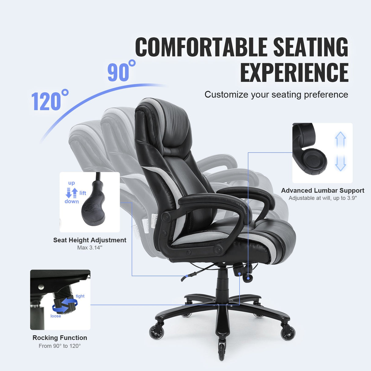 VEVOR Heavy Duty Executive Office Chair with Cutting-edge Adjustable Lumbar Support for Long Hours Big and Tall 400lbs Office Chair Wide Thick Padded Strong Metal Base Quiet Wheels