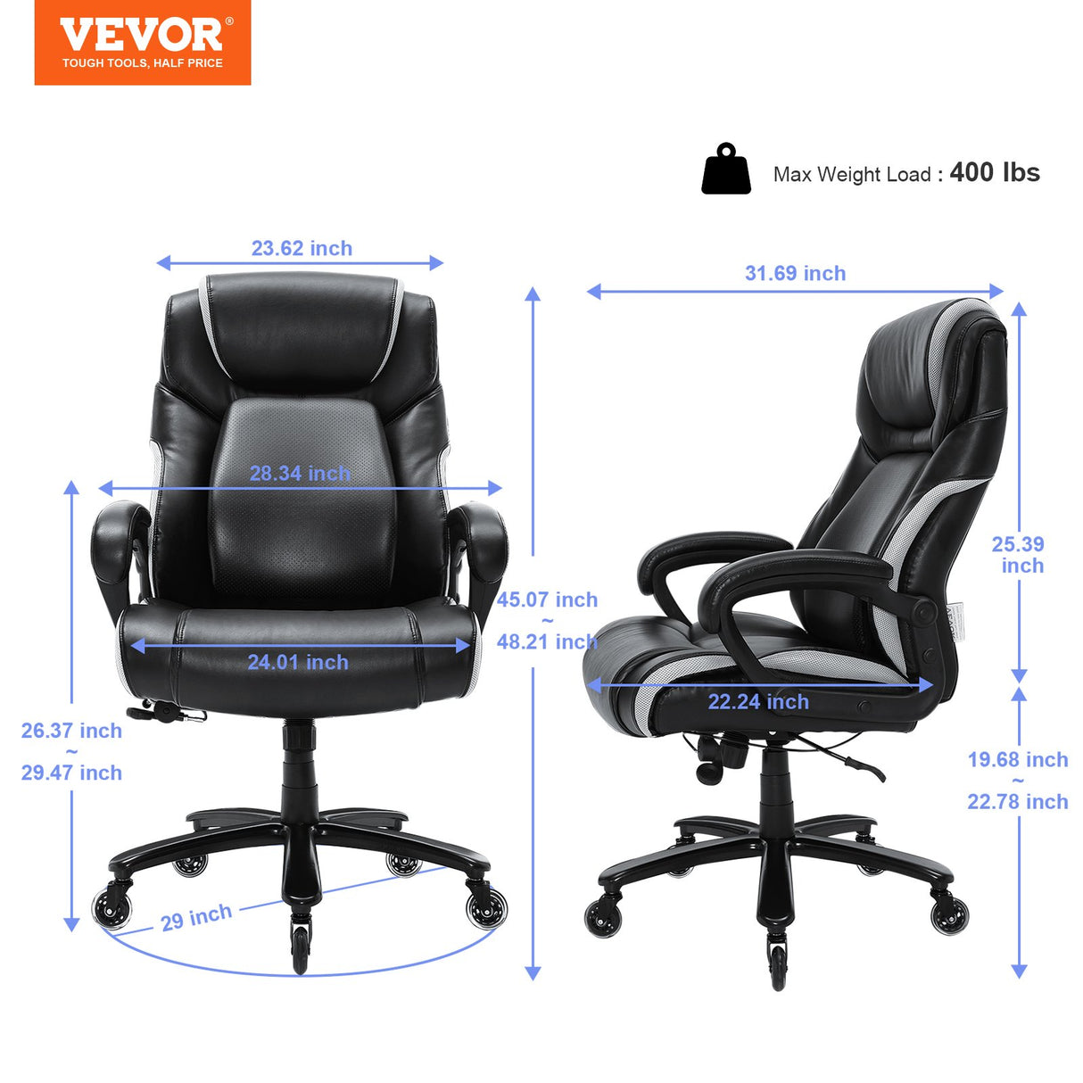 VEVOR Heavy Duty Executive Office Chair with Cutting-edge Adjustable Lumbar Support for Long Hours, Big and Tall 400lbs Office Chair, Wide Thick