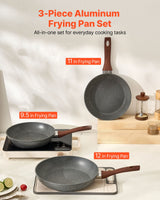 Frying Pan Skillet, Aluminum Egg Fry Pans, 3 Piece Set (250, 280, 325 mm), Nonsitck Heavy-Duty Skillets with Heat-Resistant Handle, Chef's Kitchen Cookware, for Gas, Electric, Induction, Grey - Front View