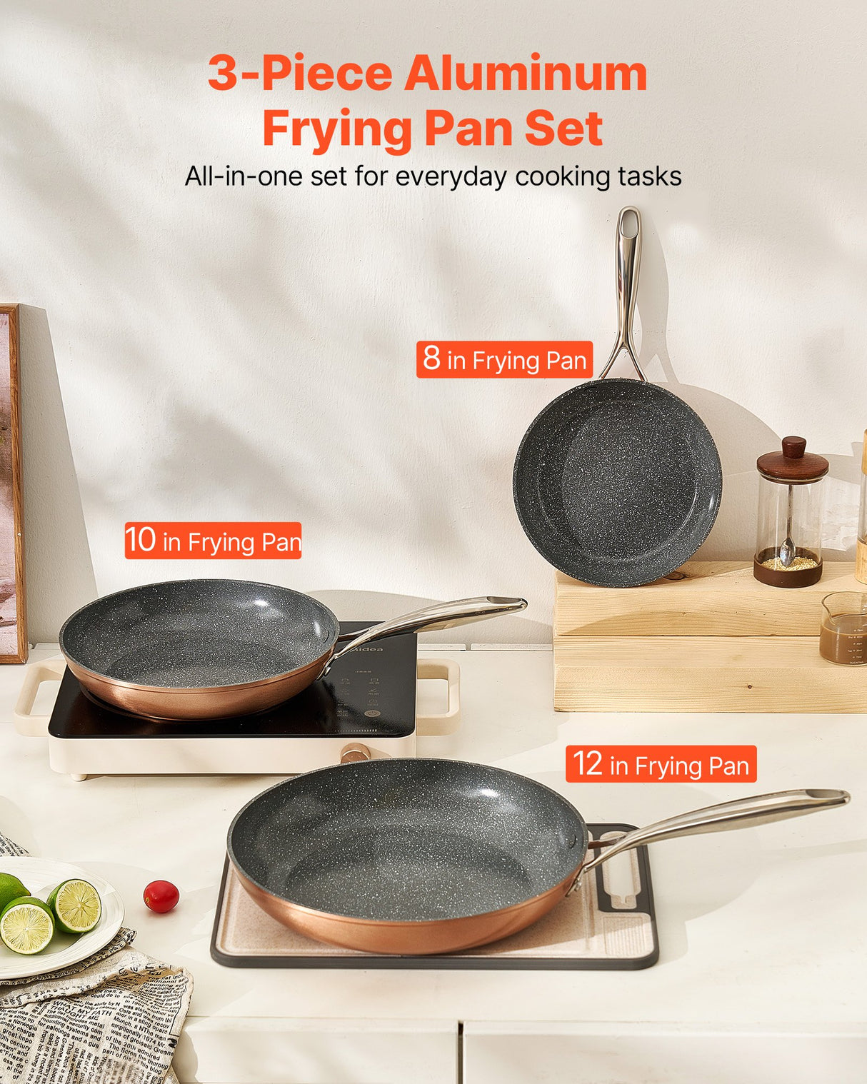 Frying Pan Skillet, Aluminum Egg Fry Pans, 3 Piece (200, 270, 300 mm), Nonsitck Ceramic Heavy-Duty Skillets with Heat-Resistant Handle, Chef's Cookware, for Oven, Gas, Electric, Induction, Grey