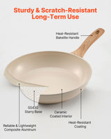 Frying Pan Skillet, Aluminum Egg Fry Pans, 3 Pcs (200, 240, 280 mm), Nonsitck Ceramic Heavy-Duty Skillets with Heat-Resistant Handle, Chef's Kitchen Cookware for Gas, Electric, Induction, Beige - Side View