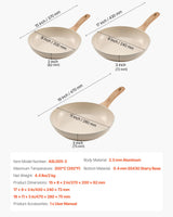 Frying Pan Skillet, Aluminum Egg Fry Pans, 3 Pcs (200, 240, 280 mm), Nonsitck Ceramic Heavy-Duty Skillets with Heat-Resistant Handle, Chef's Kitchen Cookware for Gas, Electric, Induction, Beige - Close-Up Angle