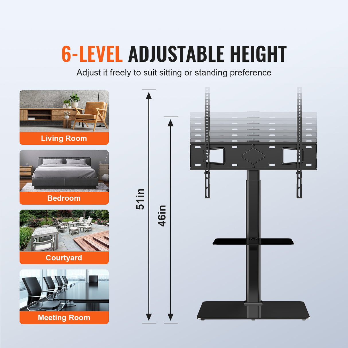 VEVOR TV Stand Mount Swivel Tall TV Stand for 32 to 65 inch TVs Height Adjustable Portable Floor TV Stand with Tempered Glass Base for Bedroom Living Room