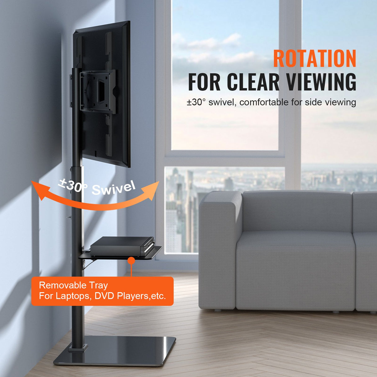 VEVOR TV Stand Mount Swivel Tall TV Stand for 32 to 65 inch TVs Height Adjustable Portable Floor TV Stand with Tempered Glass Base for Bedroom Living Room