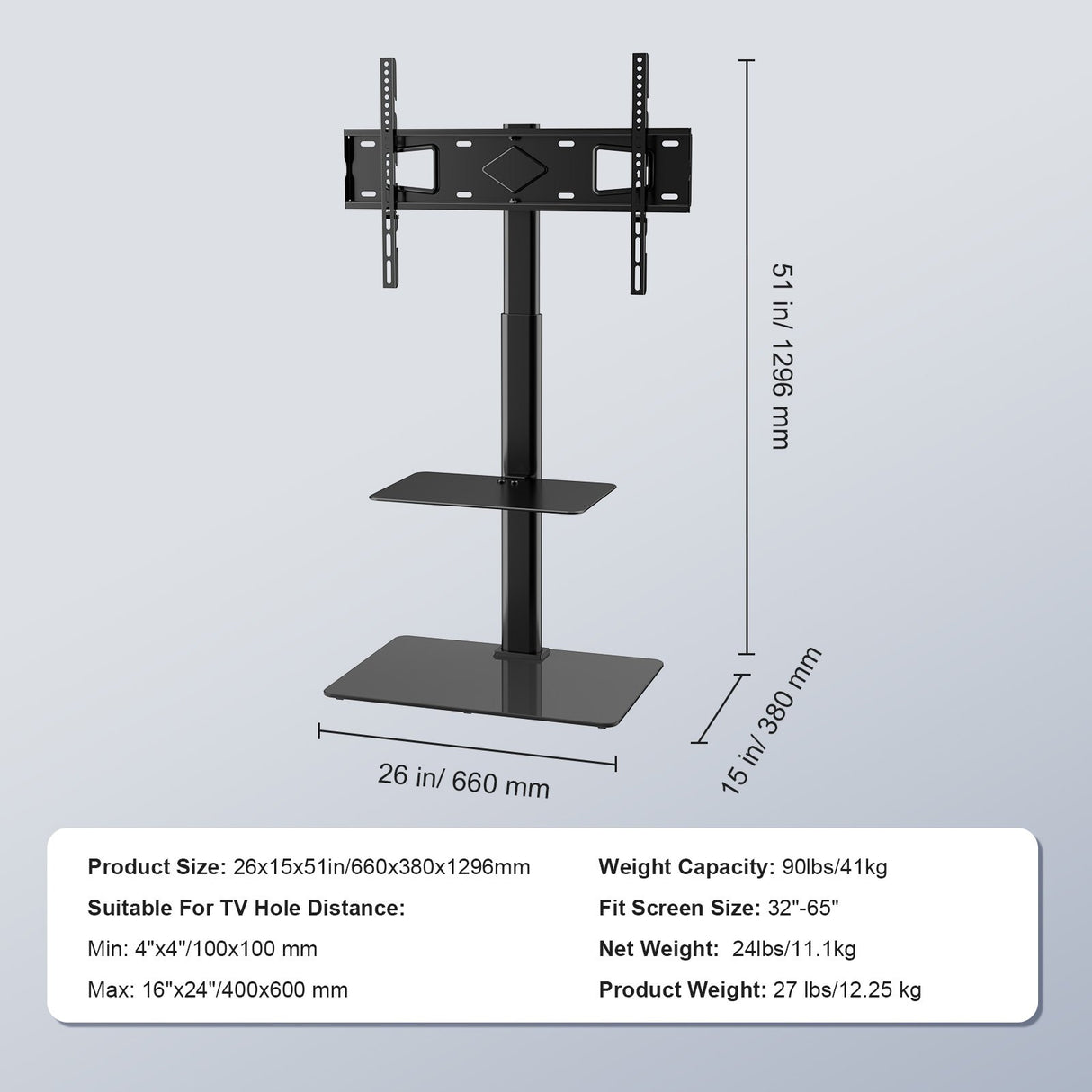 VEVOR TV Stand Mount Swivel Tall TV Stand for 32 to 65 inch TVs Height Adjustable Portable Floor TV Stand with Tempered Glass Base for Bedroom Living Room