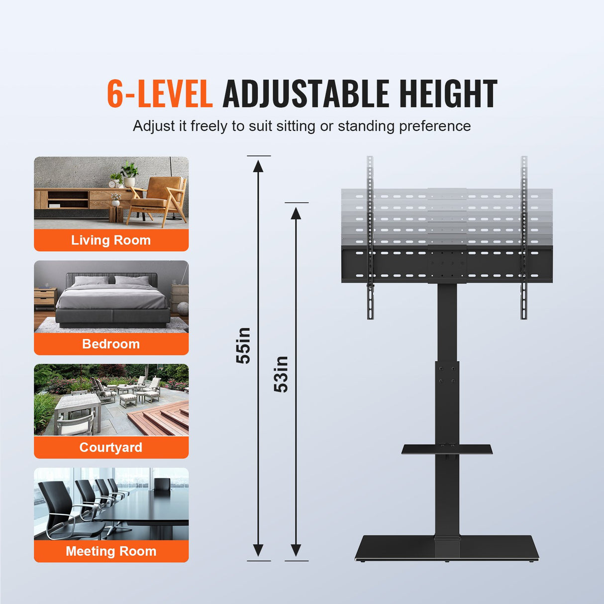 VEVOR TV Stand Mount Swivel Tall TV Stand for 32 to 85 inch TVs Height Adjustable Portable Floor TV Stand with Tempered Glass Base for Bedroom Living Room