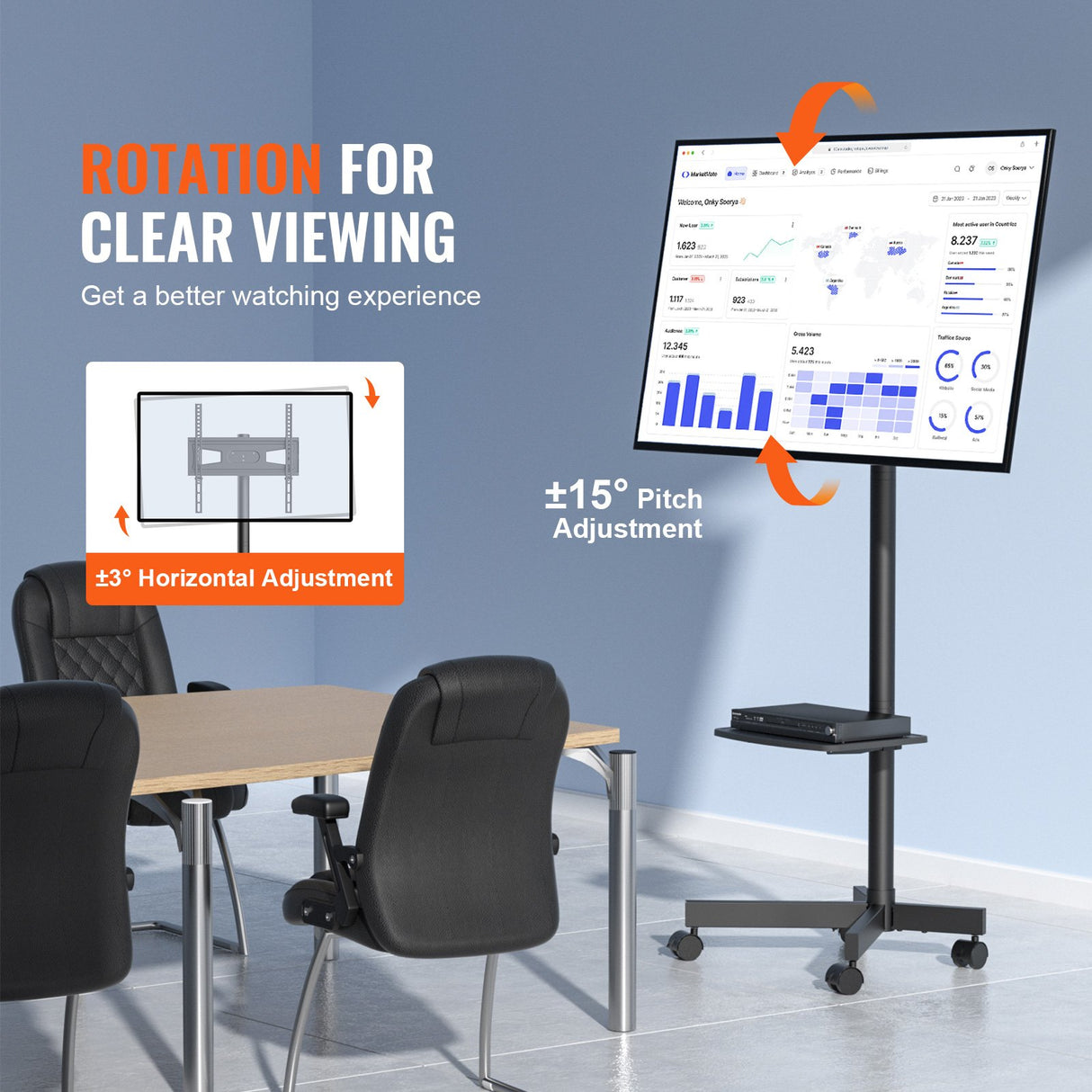 VEVOR Mobile TV Stand Mobile TV Cart for 23 to 60 inch TVs Height Adjustable Portable TV Stand with Wheels with A Tray for Audio-Visual Devices Rolling TV Stand with Mount for Bedroom Living Room