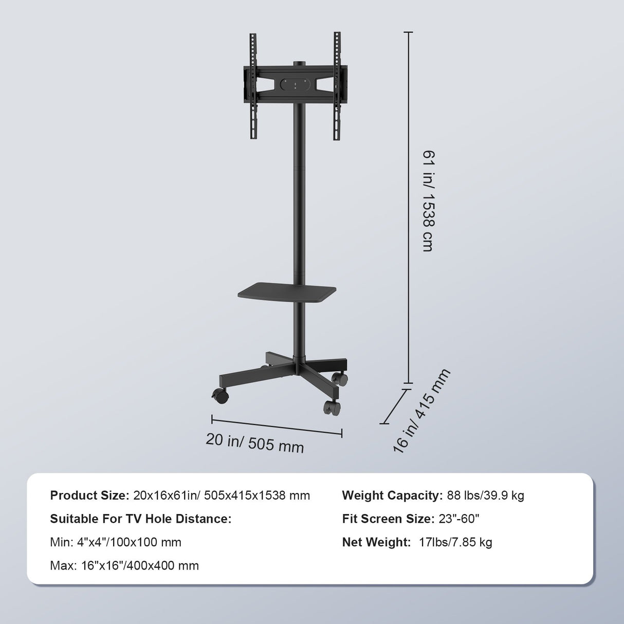 VEVOR Mobile TV Stand Mobile TV Cart for 23 to 60 inch TVs Height Adjustable Portable TV Stand with Wheels with A Tray for Audio-Visual Devices Rolling TV Stand with Mount for Bedroom Living Room